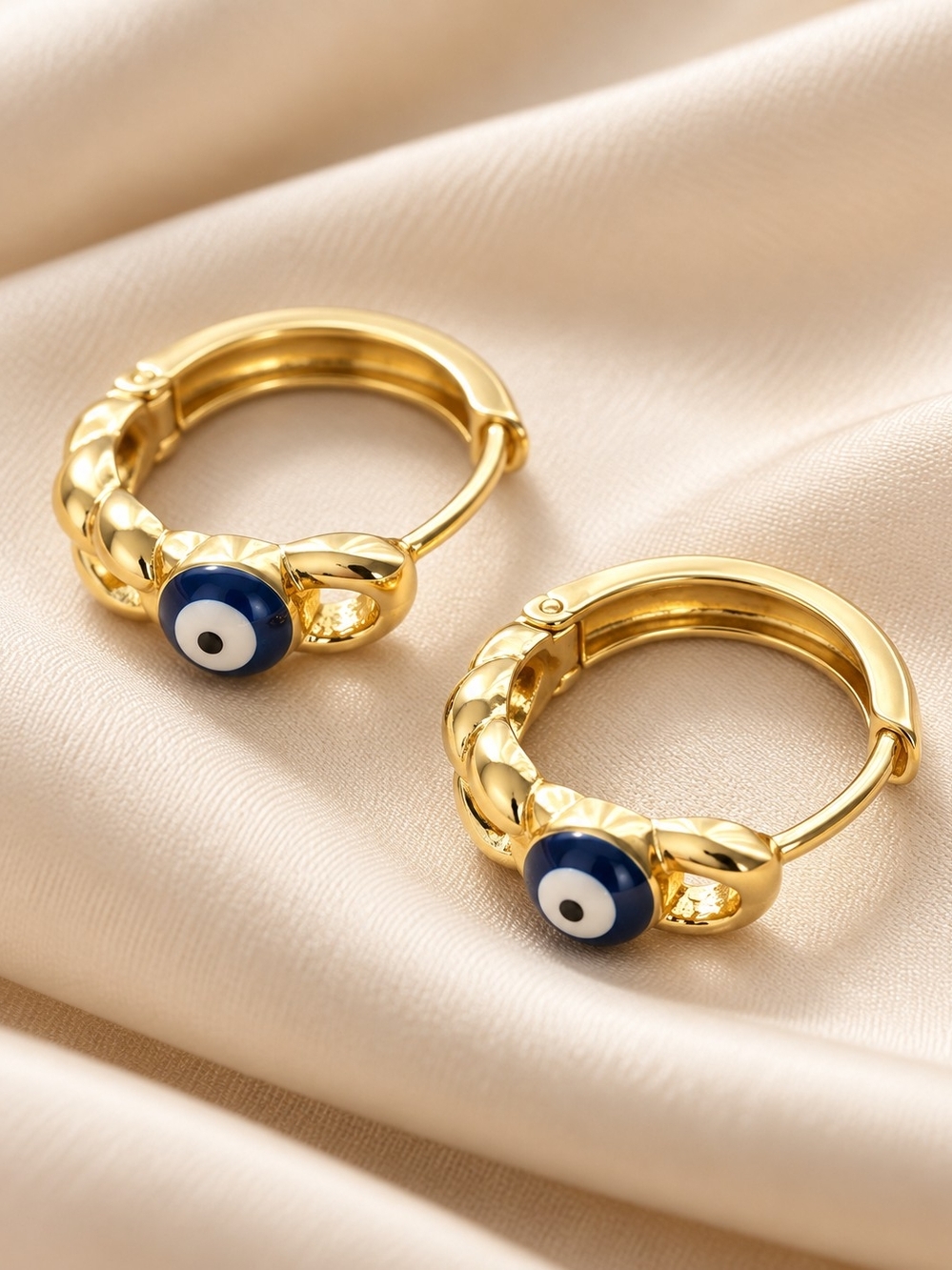14k. Gold Laminated Evil Eye Hoop Earrings - Blue & White Accent